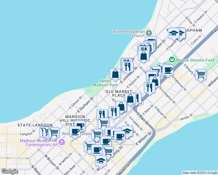 map of restaurants, bars, coffee shops, grocery stores, and more near 609 East Gorham Street in Madison