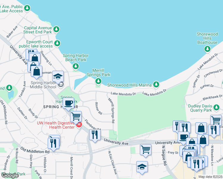 map of restaurants, bars, coffee shops, grocery stores, and more near 5024 Lake Mendota Drive in Madison