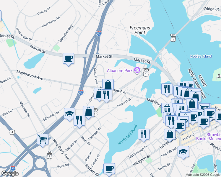 map of restaurants, bars, coffee shops, grocery stores, and more near 122 Leslie Drive in Portsmouth