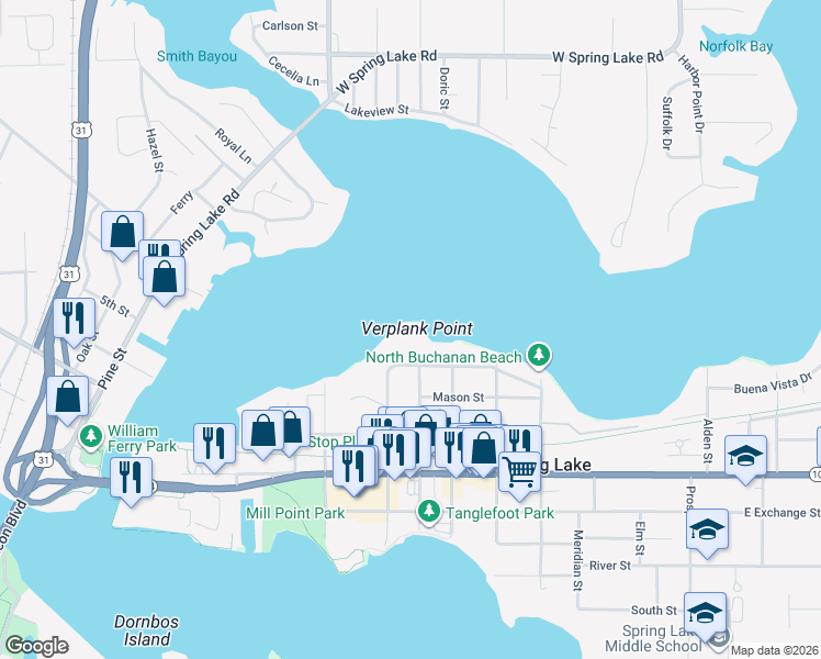 map of restaurants, bars, coffee shops, grocery stores, and more near 315 Barber Street in Spring Lake
