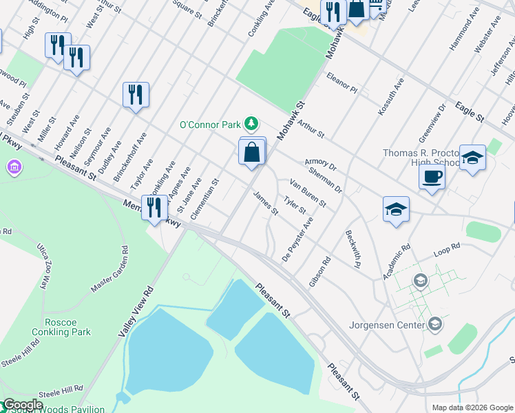 map of restaurants, bars, coffee shops, grocery stores, and more near 703 James Street in Utica