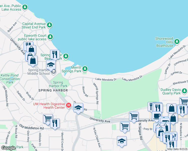 map of restaurants, bars, coffee shops, grocery stores, and more near 5024 Lake Mendota Drive in Madison