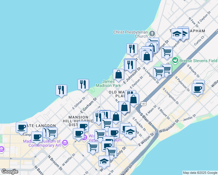 map of restaurants, bars, coffee shops, grocery stores, and more near 509 East Gorham Street in Madison