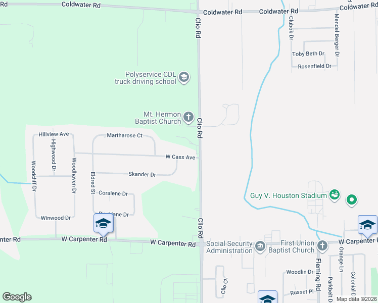 map of restaurants, bars, coffee shops, grocery stores, and more near 5225 Clio Road in Mount Morris