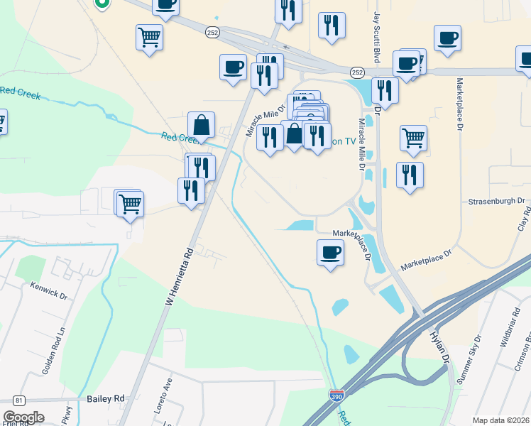 map of restaurants, bars, coffee shops, grocery stores, and more near 1200 Miracle Mile Drive in Rochester