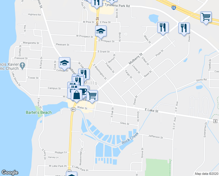 map of restaurants, bars, coffee shops, grocery stores, and more near 216 East Washington Street in Lake Mills