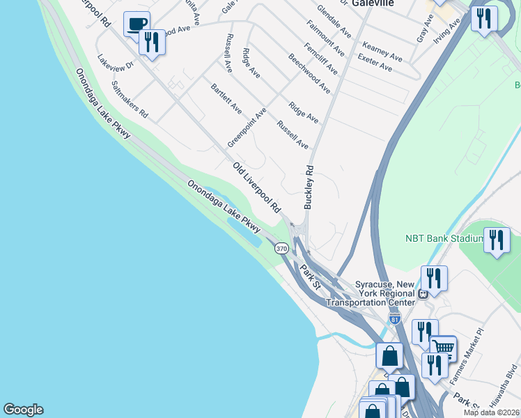 map of restaurants, bars, coffee shops, grocery stores, and more near 125 Old Liverpool Road in Liverpool