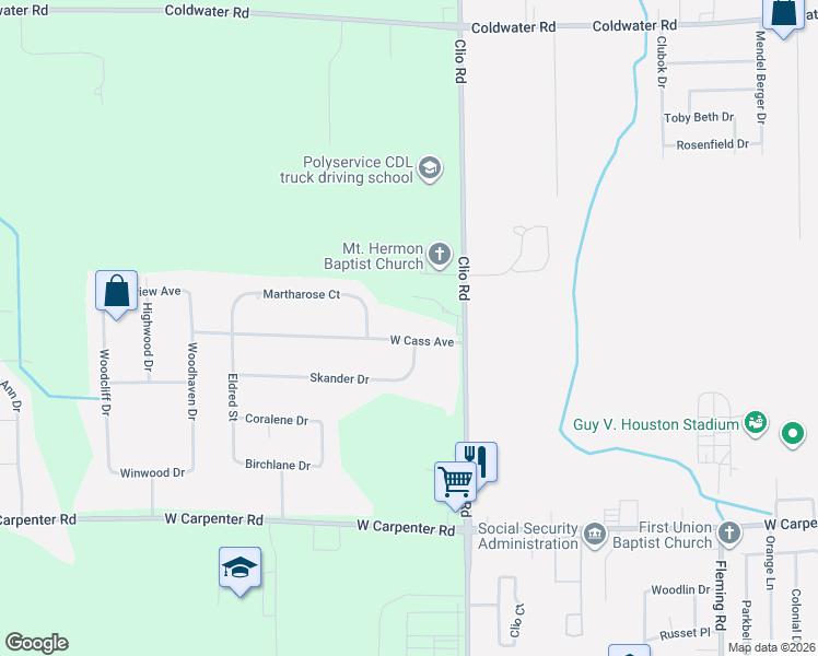 map of restaurants, bars, coffee shops, grocery stores, and more near 5225 Clio Road in Flint