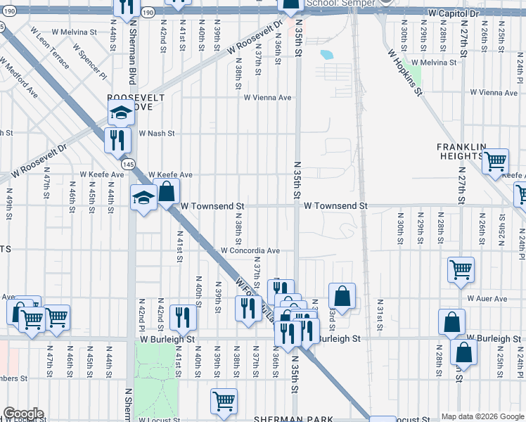 map of restaurants, bars, coffee shops, grocery stores, and more near 3421 North 37th Street in Milwaukee