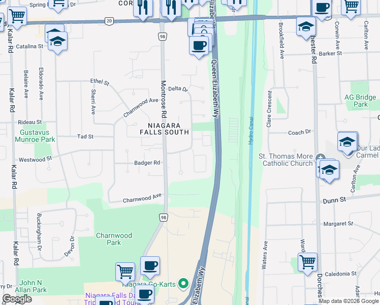 map of restaurants, bars, coffee shops, grocery stores, and more near 6479 Malibu Drive in Niagara Falls