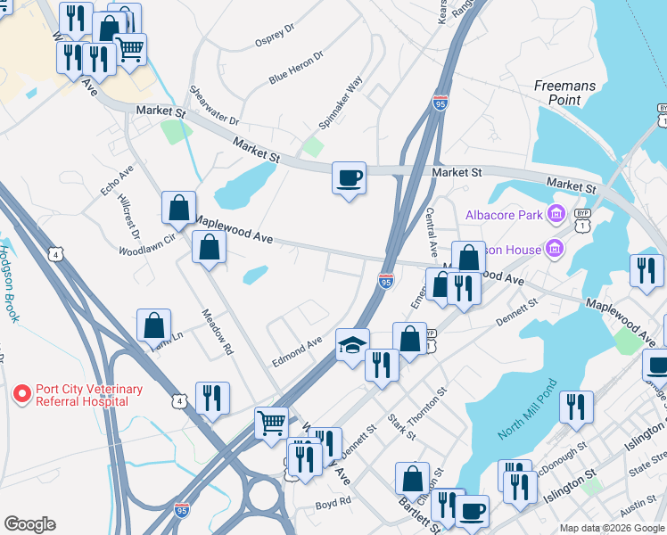 map of restaurants, bars, coffee shops, grocery stores, and more near 897 Maplewood Avenue in Portsmouth