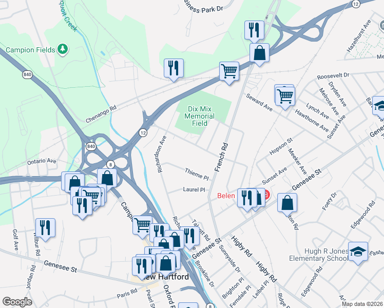 map of restaurants, bars, coffee shops, grocery stores, and more near 429 Rugby Road in Utica