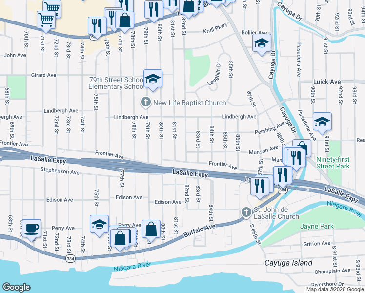 map of restaurants, bars, coffee shops, grocery stores, and more near 454 82nd Street in Niagara Falls