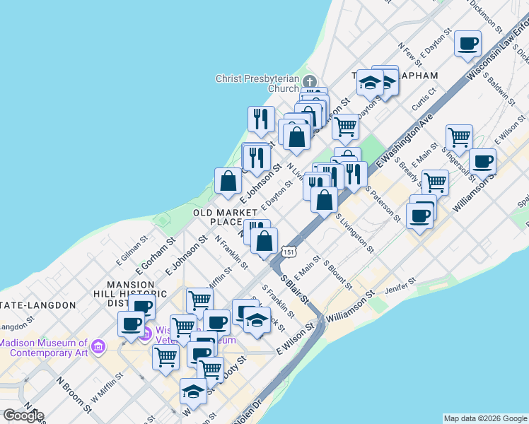 map of restaurants, bars, coffee shops, grocery stores, and more near in Madison