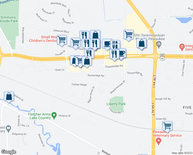 map of restaurants, bars, coffee shops, grocery stores, and more near 1302 Sunnyridge Road in Pewaukee