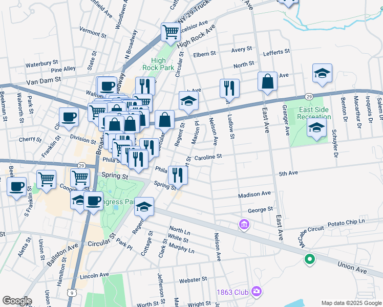 map of restaurants, bars, coffee shops, grocery stores, and more near 12 Marion Place in Saratoga Springs