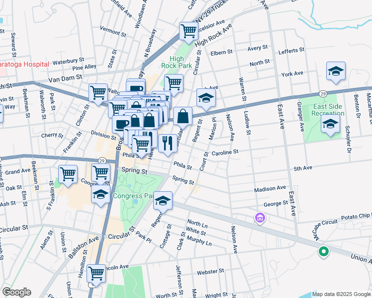 map of restaurants, bars, coffee shops, grocery stores, and more near 124 Circular Street in Saratoga Springs