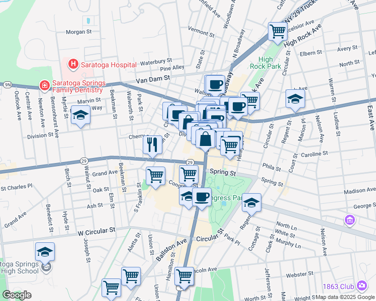 map of restaurants, bars, coffee shops, grocery stores, and more near 70 Railroad Place in Saratoga Springs