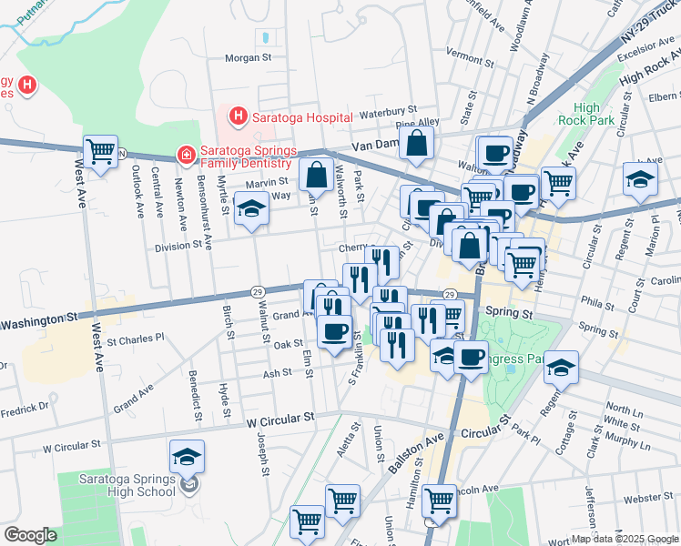 map of restaurants, bars, coffee shops, grocery stores, and more near 35 Walworth Street in Saratoga Springs