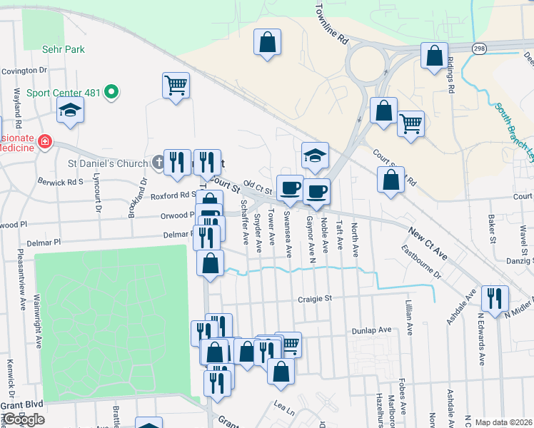 map of restaurants, bars, coffee shops, grocery stores, and more near 3408 Court Street in Syracuse