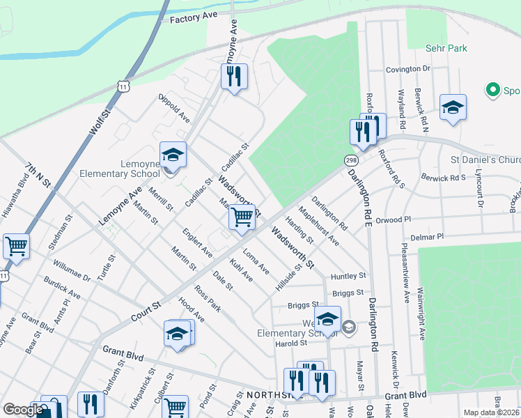 map of restaurants, bars, coffee shops, grocery stores, and more near 100 Harford Road in Syracuse