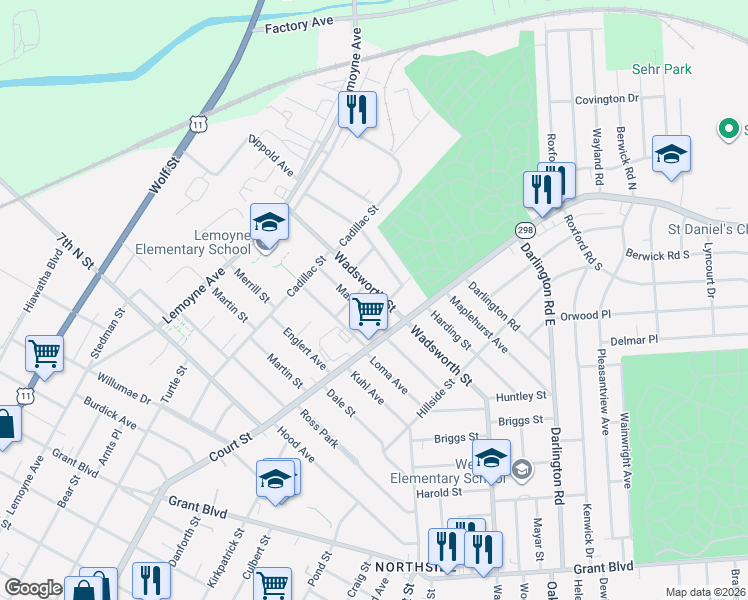 map of restaurants, bars, coffee shops, grocery stores, and more near 1056 Wadsworth Street in Syracuse
