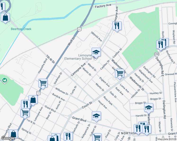 map of restaurants, bars, coffee shops, grocery stores, and more near 127 Merrill Street in Syracuse