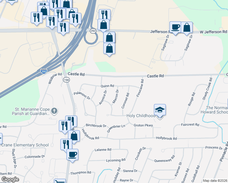 map of restaurants, bars, coffee shops, grocery stores, and more near 116 Quinn Road in Rochester