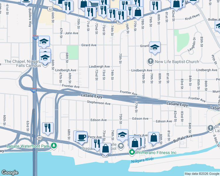 map of restaurants, bars, coffee shops, grocery stores, and more near 432 74th Street in Niagara Falls