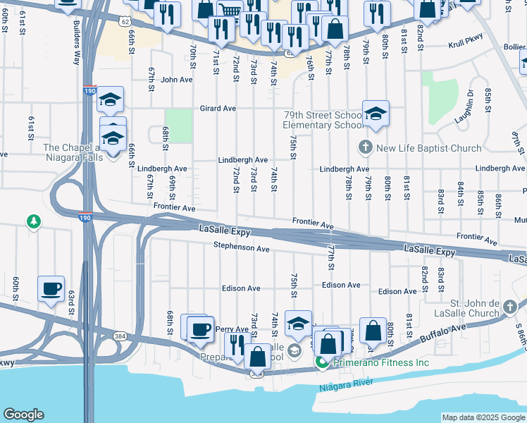 map of restaurants, bars, coffee shops, grocery stores, and more near 432 74th Street in Niagara Falls