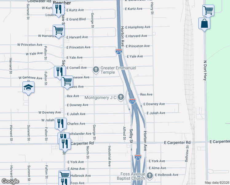 map of restaurants, bars, coffee shops, grocery stores, and more near 1178 East Cass Avenue in Flint