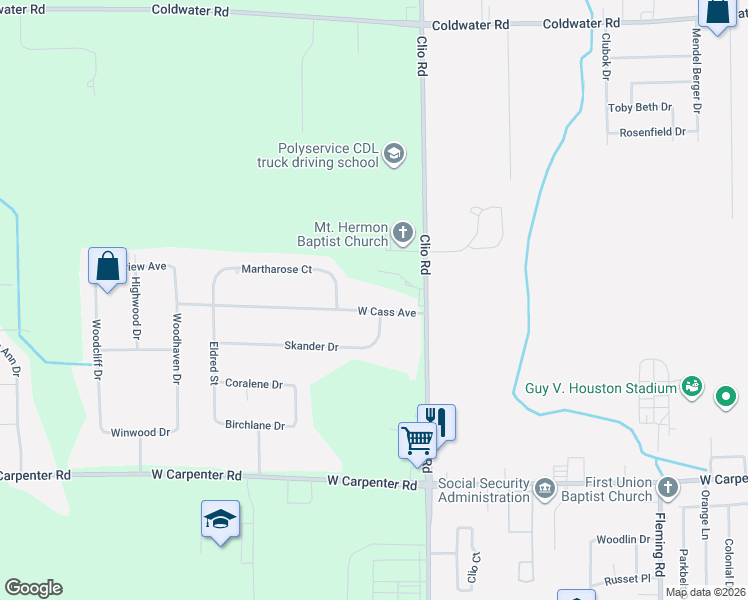 map of restaurants, bars, coffee shops, grocery stores, and more near 5225 Clio Road in Flint