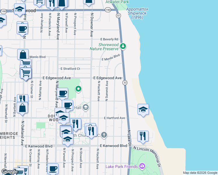 map of restaurants, bars, coffee shops, grocery stores, and more near 3489 North Shepard Avenue in Milwaukee