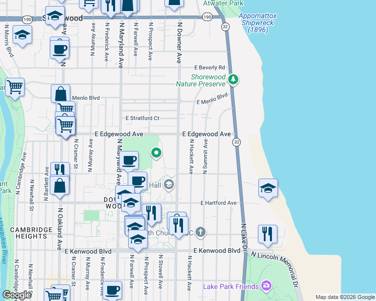 map of restaurants, bars, coffee shops, grocery stores, and more near 3484 North Downer Avenue in Milwaukee