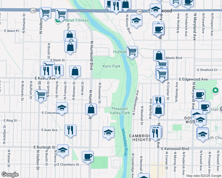 map of restaurants, bars, coffee shops, grocery stores, and more near 1337 East Randolph Court in Milwaukee