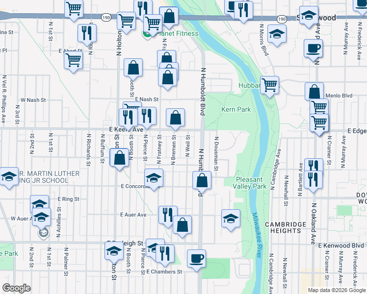 map of restaurants, bars, coffee shops, grocery stores, and more near 3480 North Weil Street in Milwaukee