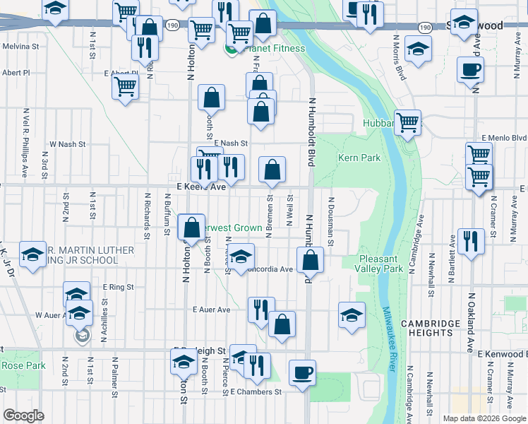 map of restaurants, bars, coffee shops, grocery stores, and more near 3477 North Bremen Street in Milwaukee