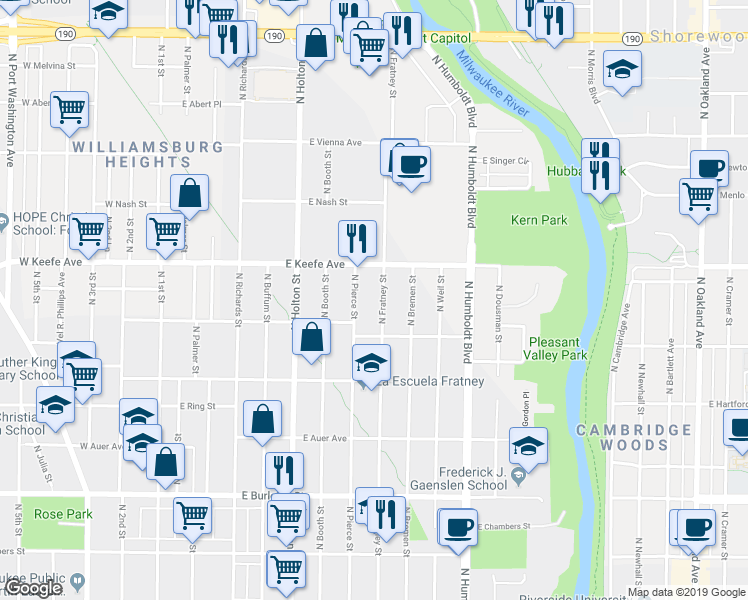 map of restaurants, bars, coffee shops, grocery stores, and more near in Milwaukee