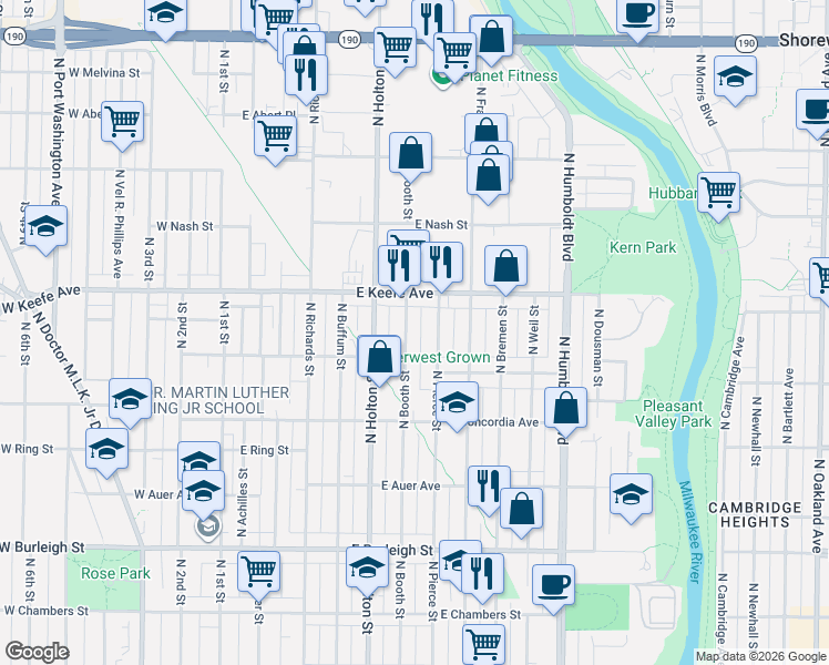 map of restaurants, bars, coffee shops, grocery stores, and more near 3483 North Pierce Street in Milwaukee