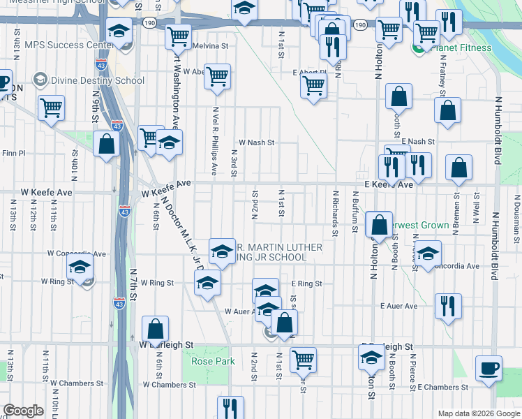 map of restaurants, bars, coffee shops, grocery stores, and more near in Milwaukee