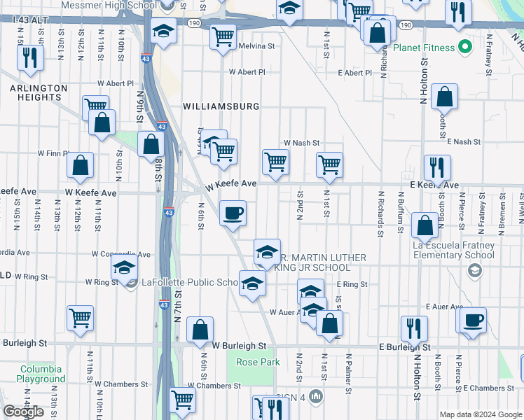 map of restaurants, bars, coffee shops, grocery stores, and more near 3454 Vel R. Phillips Avenue in Milwaukee
