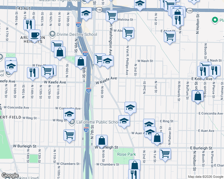 map of restaurants, bars, coffee shops, grocery stores, and more near 3451 North 5th Street in Milwaukee