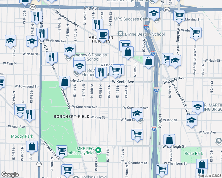 map of restaurants, bars, coffee shops, grocery stores, and more near 1229 West Keefe Avenue in Milwaukee