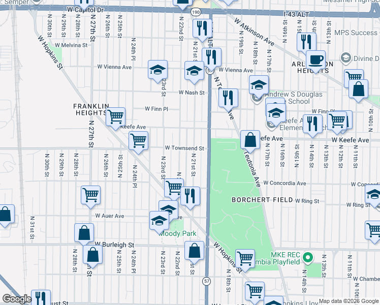 map of restaurants, bars, coffee shops, grocery stores, and more near 3409 North 21st Street in Milwaukee