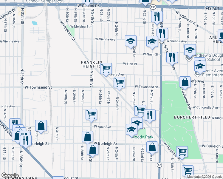 map of restaurants, bars, coffee shops, grocery stores, and more near 2509-2511 West Hopkins Street in Milwaukee