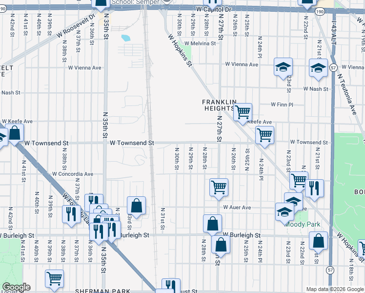 map of restaurants, bars, coffee shops, grocery stores, and more near 3386 North 30th Street in Milwaukee