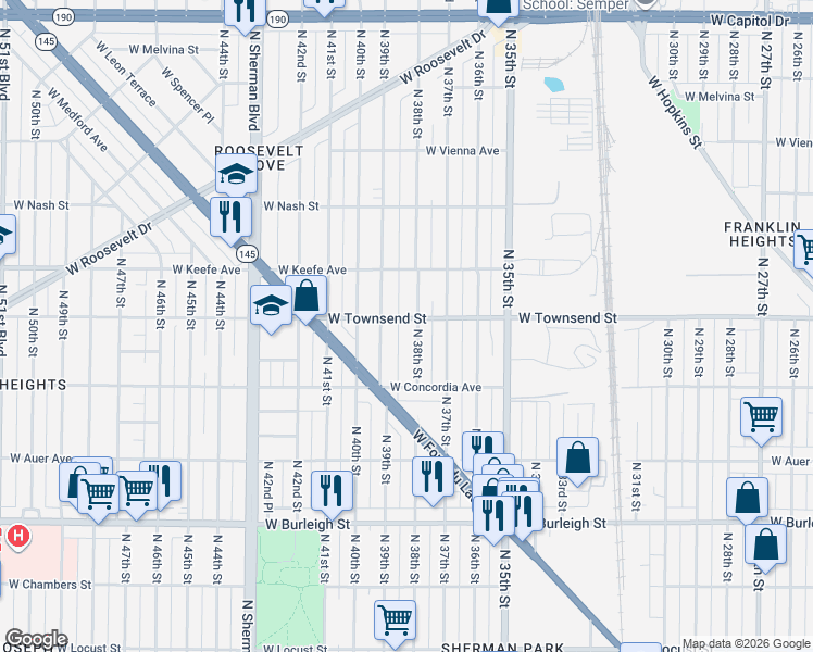 map of restaurants, bars, coffee shops, grocery stores, and more near 3425 North 38th Street in Milwaukee