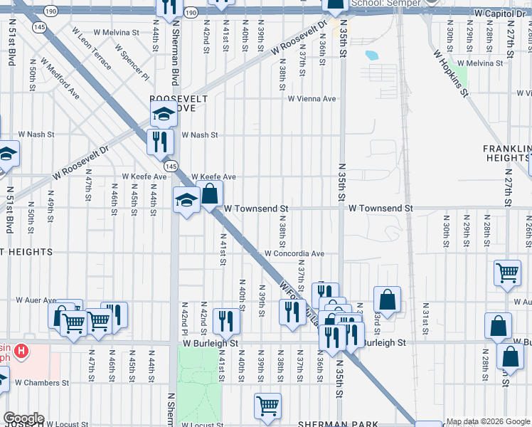 map of restaurants, bars, coffee shops, grocery stores, and more near 3425 North 38th Street in Milwaukee