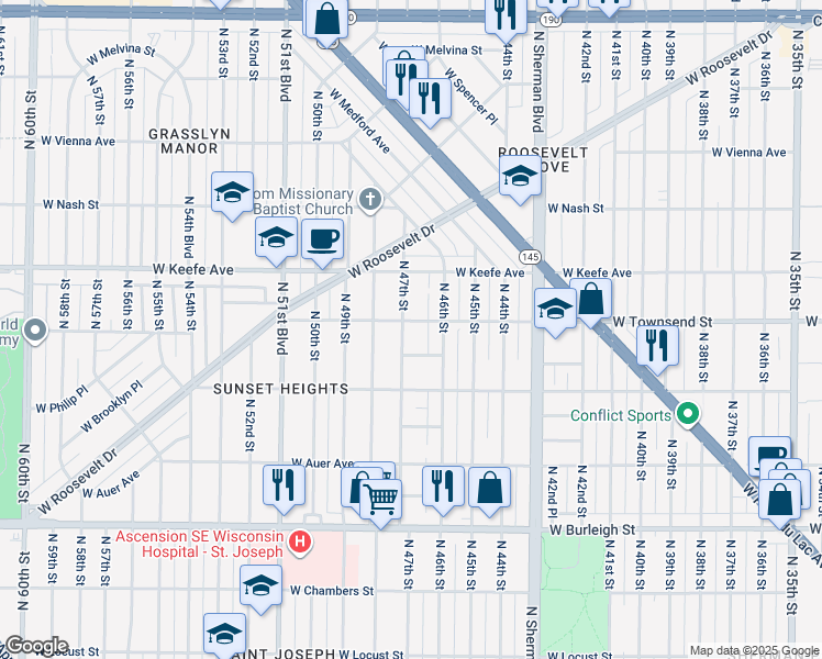 map of restaurants, bars, coffee shops, grocery stores, and more near 4630 West Townsend Street in Milwaukee
