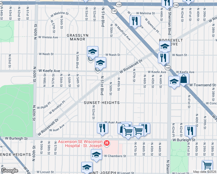 map of restaurants, bars, coffee shops, grocery stores, and more near 5023 West Roosevelt Drive in Milwaukee